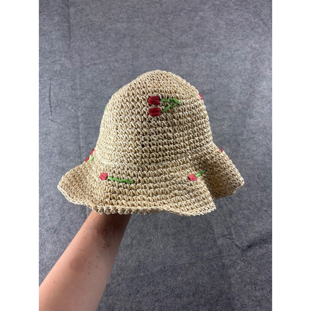 VTG Woven Straw Bucket Hat Floral Embroidered Sun Hat Cottagecore Summer Boho